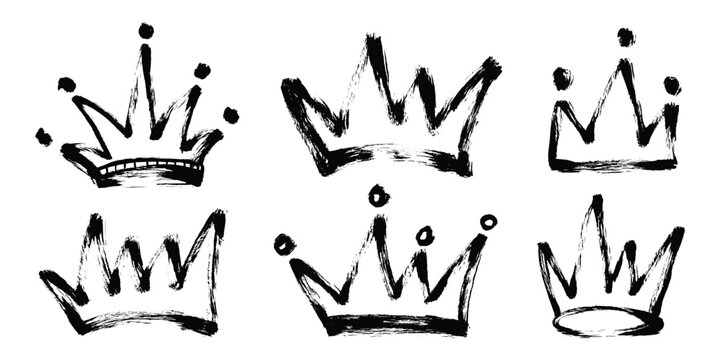 Grunge Brush Stroke Crown Icon Set. Black paint brush stroke crowns. Graffiti bold outline crown rough symbol. Vector markers hand drawn crowns.
