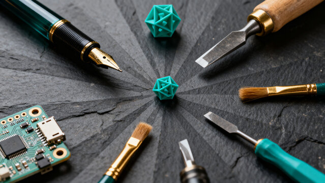 A captivating flat lay presents diverse tools like a fountain pen, circuit board, and chisels arranged radially around two geometric forms.