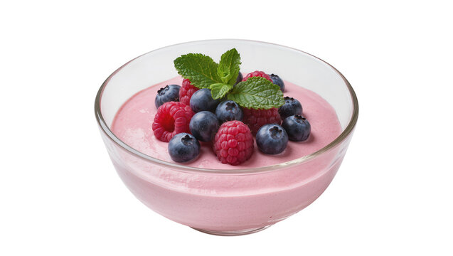 Pink berry mousse topped with fresh raspberries blueberries and mint leaves, isolated on transparent background