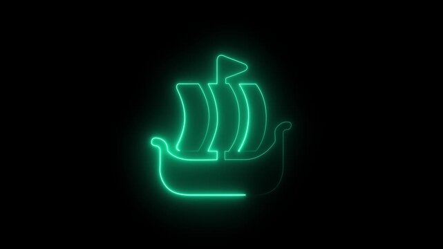 Glowing neon cyan color ship icon animation. Abstract neon boat outline with sailing motion concept animation. 4K Video on Dark Background