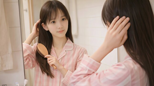 ピンク色のパジャマを着た女子高生。鏡の前で乱れた髪をヘアーブラシで梳かしている