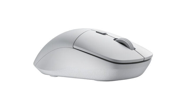 Ergonomic white computer mouse with scroll wheel, isolated on transparent background