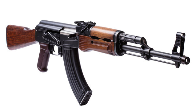 Black metal AK-47 rifle with wooden stock and magazine, isolated on transparent background