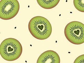 Fototapeta premium Slices of kiwi fruit with heart shapes in the center, pattern on cream background