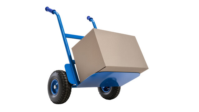 Blue hand truck carrying a cardboard box, isolated on transparent background
