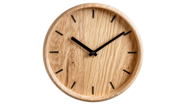 Natural wood grain analog clock with black hands, isolated on transparent background