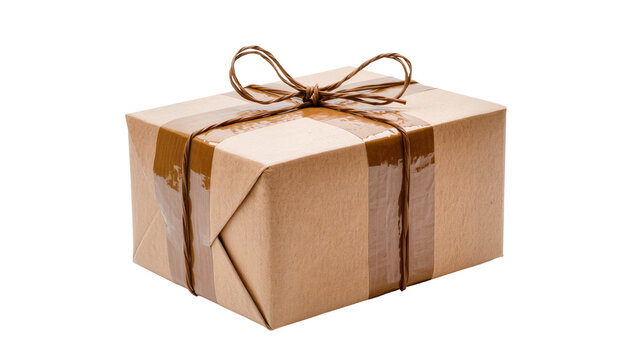 Brown paper wrapped parcel with twine bow and tape, isolated on transparent background