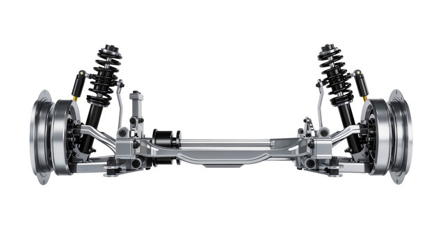 Automotive rear suspension assembly with shock absorbers and brake discs, isolated on transparent background