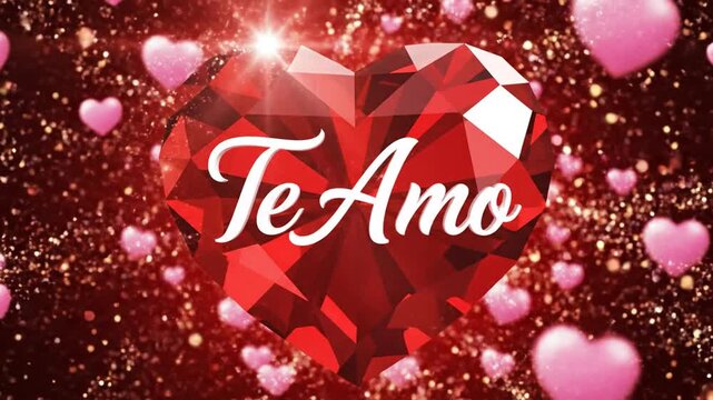 Red faceted heart with Te Amo text, glittering background, pink hearts