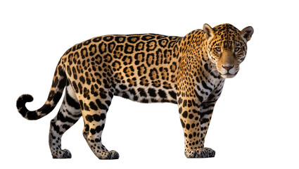 Naklejka premium Majestic jaguar with spotted fur standing alert, isolated on transparent background