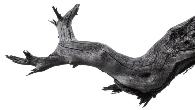 Gnarly weathered driftwood branch with intricate texture, isolated on transparent background