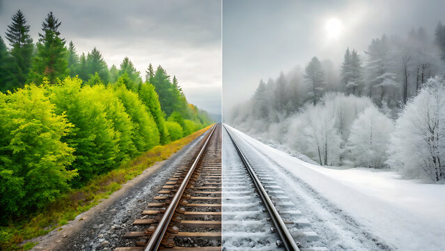 Split image showing a railroad track in lush green summer forest and snowy winter landscape