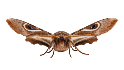 Brown moth with blue eyespots on wings, isolated on transparent background © Mia