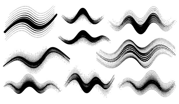 Dynamic halftone dot pattern vector set with flowing wave shapes and abstract dotted gradients isolated on white