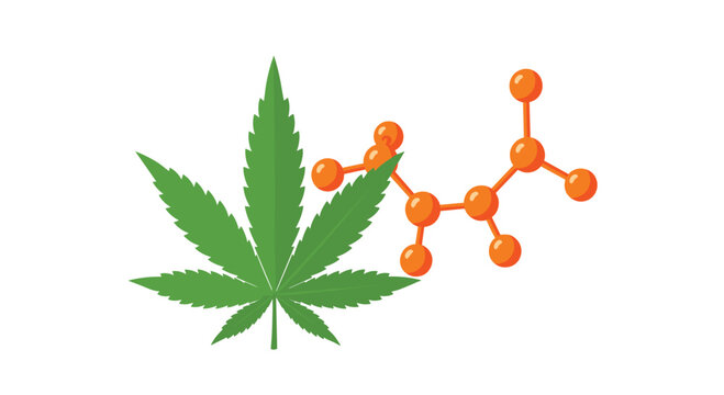 A vibrant green cannabis leaf with seven lobes is positioned next to an abstract orange molecular structure on a white background.