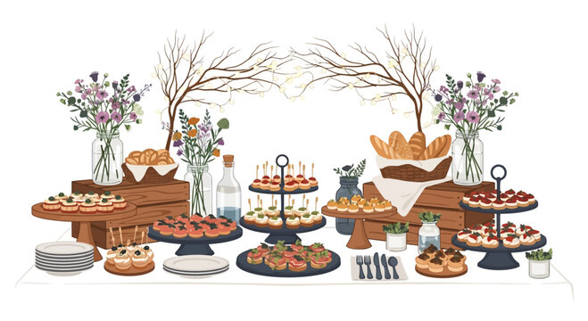 Elegant Buffet Table with Appetizers, Crostini, and Pastries for Catering or Event