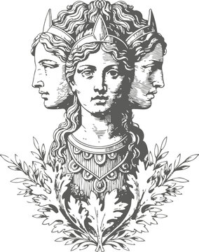 Ancient three faced god janus illustration with laurel wreath and detailed armor design