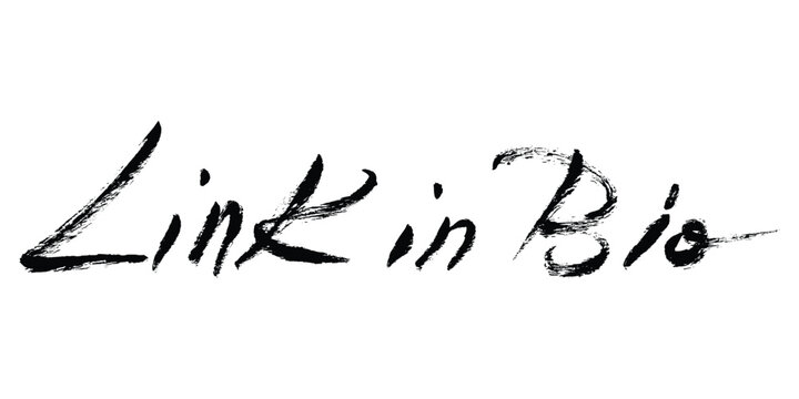 Link in Bio Text Brush Stroke Calligraphy. Grunge black hand written script lettering, icon sign. Vector hand draw textured message for banner, ads, promotions, poster, cards.