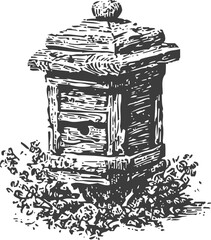 Fototapeta premium Vintage wooden beehive surrounded by plants, hand drawn garden illustration in black and white