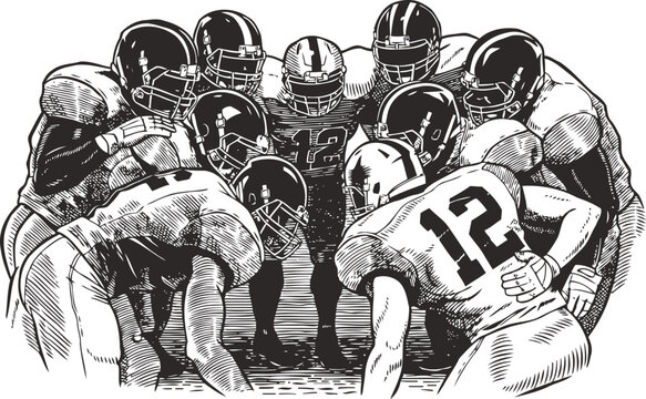 American football team huddle players in helmets and uniforms discussing strategy before the game