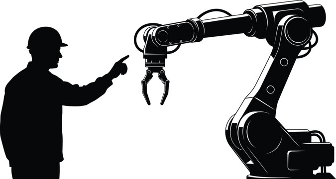 Factory worker and robotic arm automation industry 4 0 and modern manufacturing