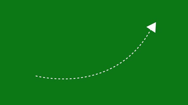 Curved dotted arrow motion path animation on green screen chroma key background showing direction and navigation concept for explainer videos, presentations and motion graphics in 4K.