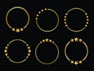 Golden stars frame border set round circle black background collection Stars shine with warm, polished texture. Ideal for luxury, celebration, or achievement themes