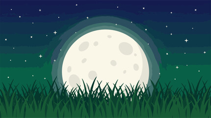 Bright full moon in starry night sky with green grass illustration © Pixelply
