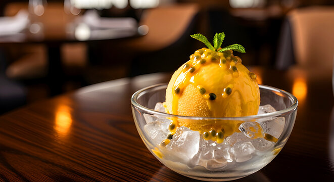 Passion Fruit Ice Cream with Fresh Passion Fruit Seeds on Ice &mdash; Es Krim Markisa dengan Biji Buah Segar di Atas Es