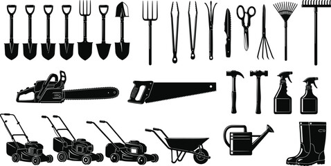 Comprehensive gardening and farming tools silhouette set including shovel rake shears chainsaw lawnmower hammer watering can boots isolated black equipment collection for landscaping agriculture use © MstRupali