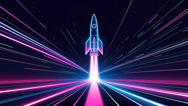 Neon rocket launch with speed light trails futuristic space concept