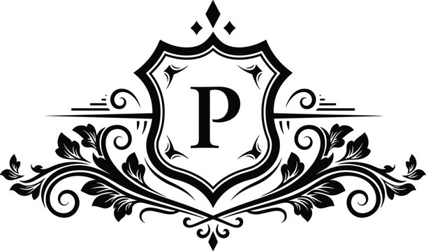 Elegant vintage monogram letter P emblem with ornate floral frame, decorative shield crest, and classic calligraphic styling, ideal for luxury branding, logo design, and identity concepts
