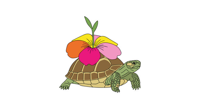 A cartoon tortoise with a brown and green patterned shell is walking to the right with a large, colorful flower on its back against a plain white background.