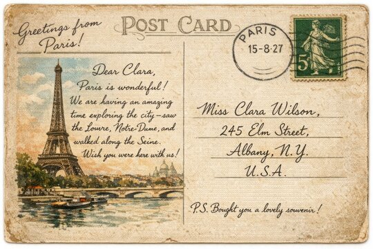 Vintage Paris postcard with Eiffel Tower.
