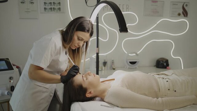 Cosmetologist performing detailed eyebrow microblading in modern salon