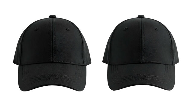 Two black baseball caps on a dark background, simple & sleek design