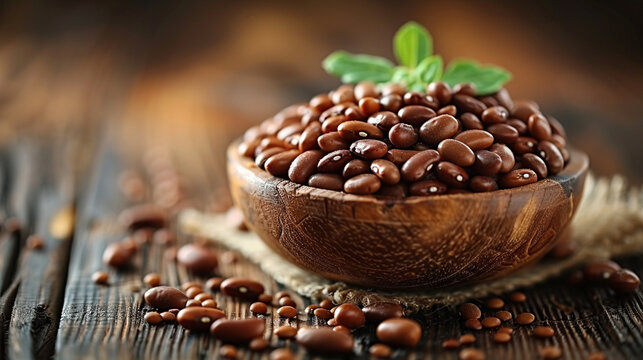 Dry pinto beans in rustic wooden bowl on dark vintage timber background, high protein vegan ingredient for healthy cooking.