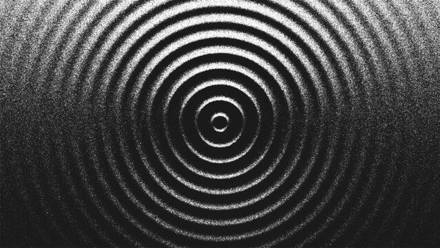 Stippling artwork with concentric circles geometry expand in rhythmic harmony. Ripple pattern made from countless dots creating illusion of light and shadow. Dynamic illusion of sound waves. Vector