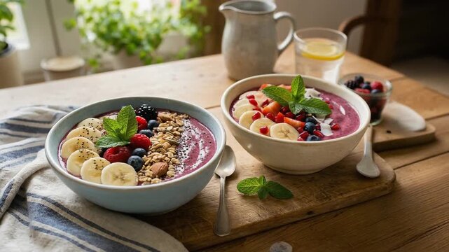 Healthy breakfast smoothie bowls with granola, banana, berries, and chia seeds, served on rustic table in bright natural morning light.