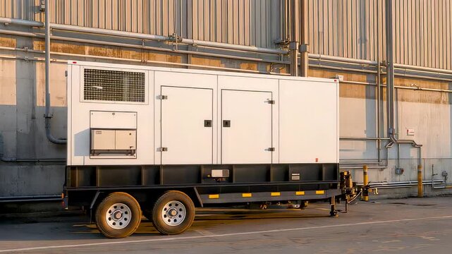 White mobile diesel generator trailer with wheels parked outdoors next to large industrial building during daylight