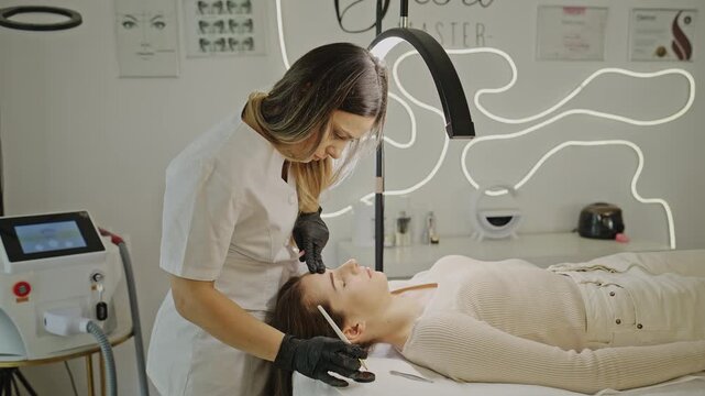 Professional cosmetologist shaping eyebrows during microblading procedure
