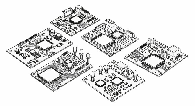 Isometric view of several electronic circuit boards with components