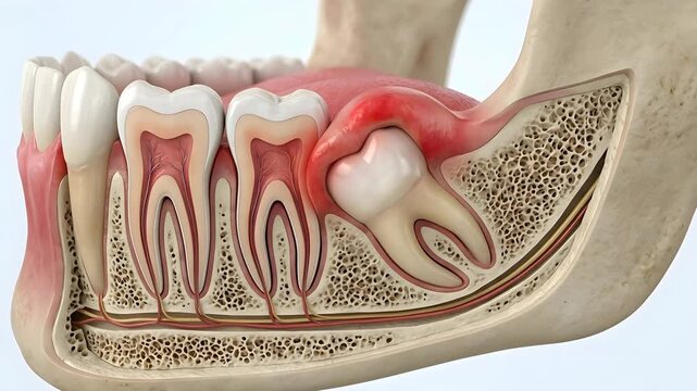 Detailed 3D Dental Anatomy Shows Impacted Wisdom Tooth Causing Gum Swelling and Inflammation With Visible Tooth Roots and Jawbone Structure in a