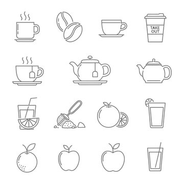Beverage and food icons with line art