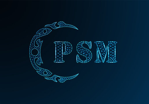 Low poly letter logo PSM design. PSM letter logo low poly vector design on blue color gradient background. PSM logo low poly design