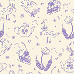 Cute cottagecore seamless vector pattern with hand drawn goose, tea, teacup, box, tulip, flowers and cherry pie for textile, wallpaper, greeting cards and cozy surface design © Dovikuu