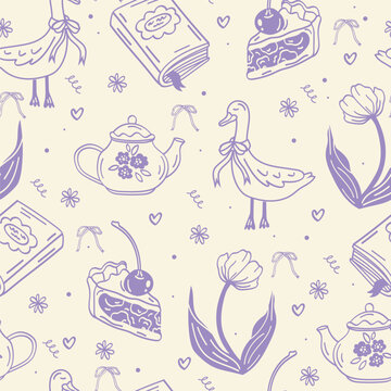 Cute cottagecore seamless vector pattern with hand drawn goose, tea, teacup, box, tulip, flowers and cherry pie for textile, wallpaper, greeting cards and cozy surface design