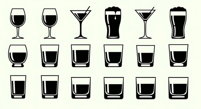 Collection of Alcoholic and Non-Alcoholic Drink Glasses Icons Set