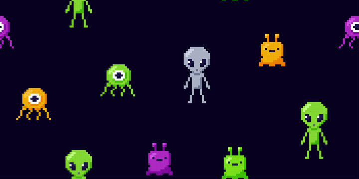 Alien characters, UFO guest, humanoid, vector seamless pattern pixel art, space monsters 8 bit video game background