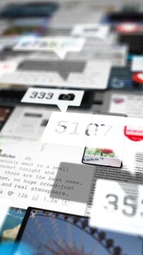 Close layered composition of notifications, counters and digital posts stacked in depth, emphasizing information overload and addictive nature of social platforms in vertical framing.